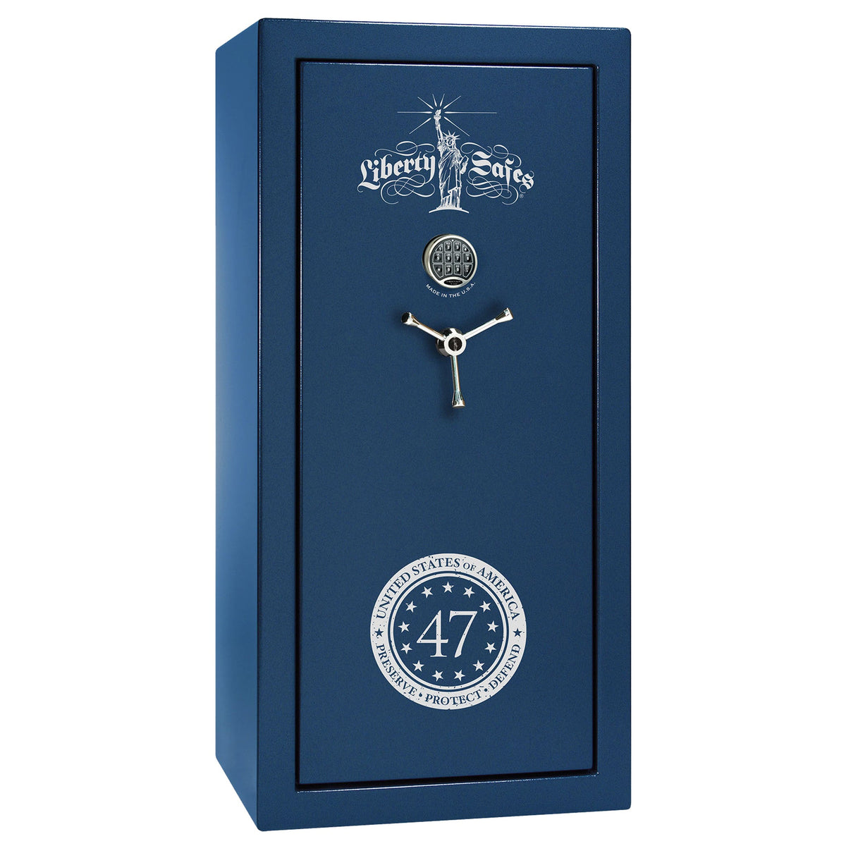 Liberty 47 Limited Edition Safe - USA 30 | Level 3 Security | 60 Minute Fire Rating | Dimensions: 60.5&quot;(H) x 30&quot;(W) x 22&quot;(D) | Textured Blue with White Commemorative Logo | Electronic Lock – Closed Door